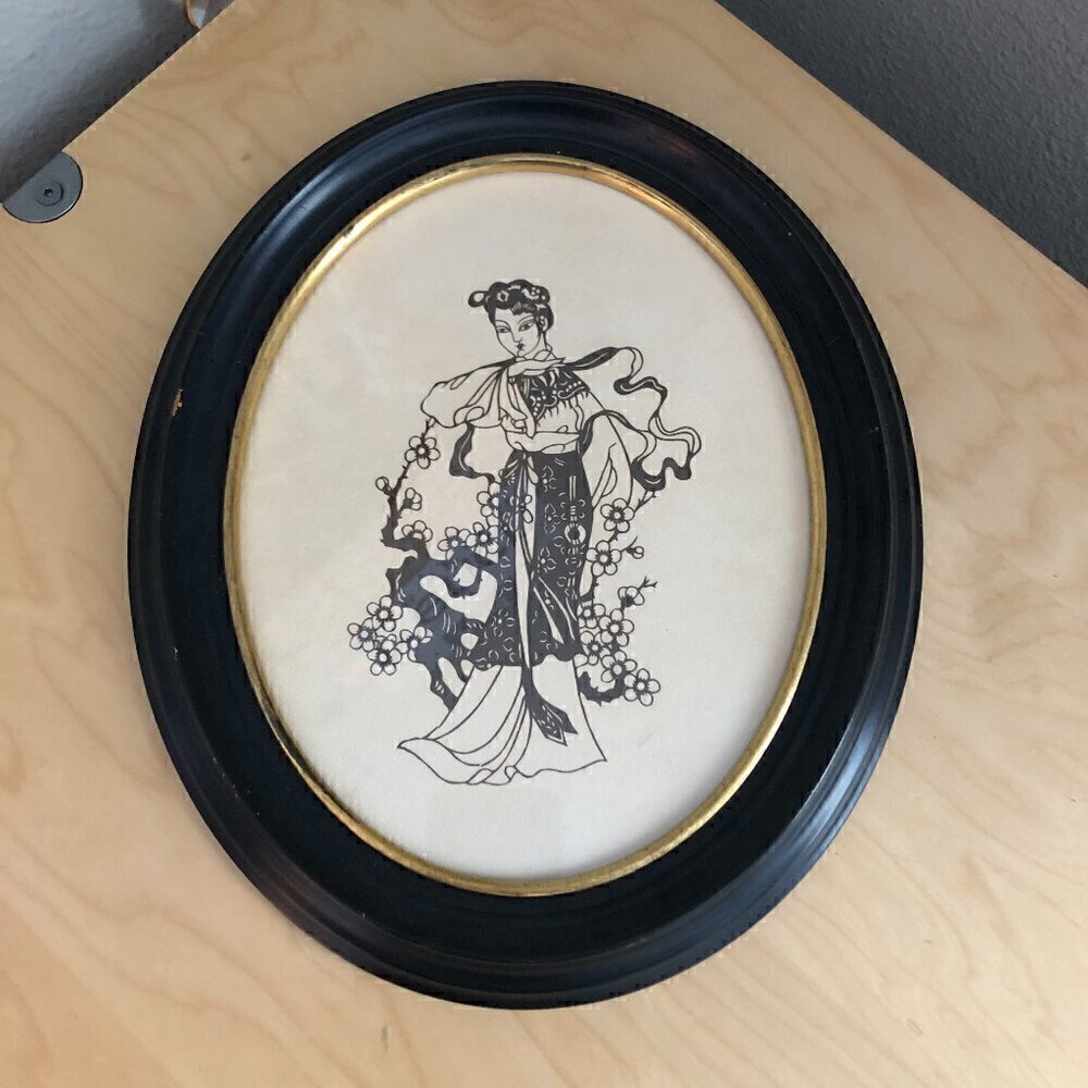 Vintage Japanese Geisha Ivory Black Wall Hanging Wood Frame 11.5" Tall